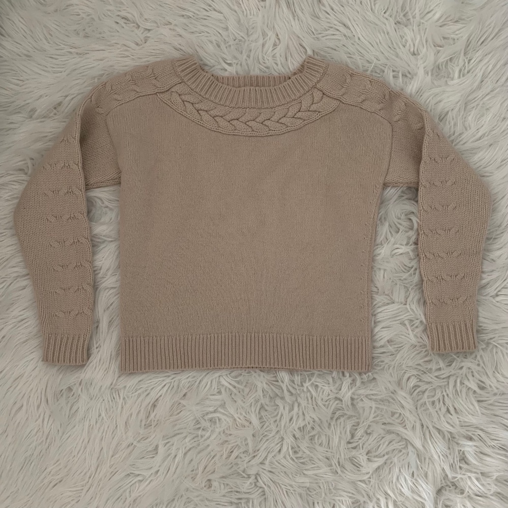 ANN TAYLOR Knit Sweater with Cashmere and Cable-Knit Accents - Light Tan
